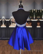 A-line Beaded Halter Satin Semi Formal Prom Dresses Short Open Back Homecoming Dresses